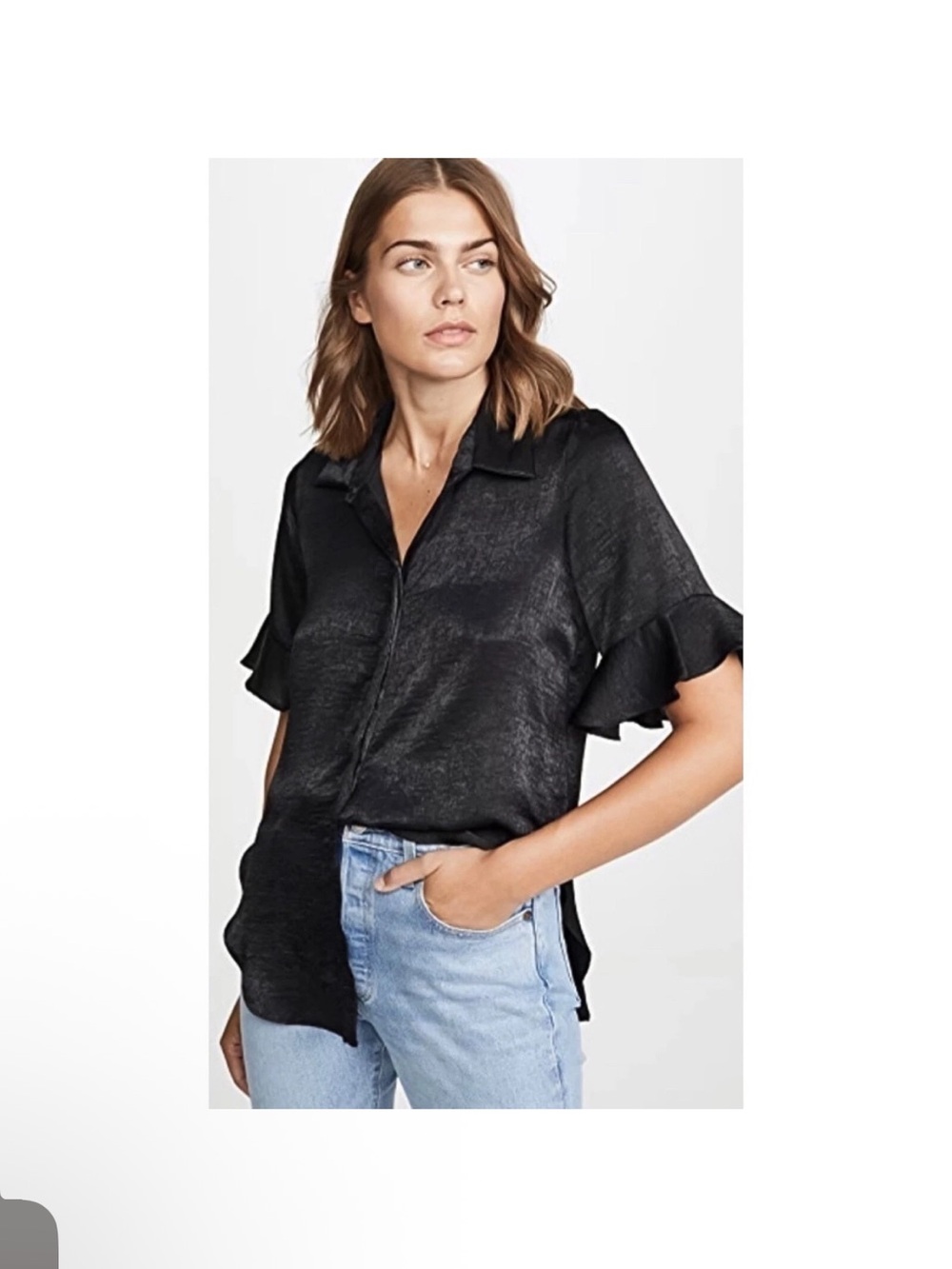Misa Los Angeles Black Satin Ruffle-Sleeve Button-Down Top